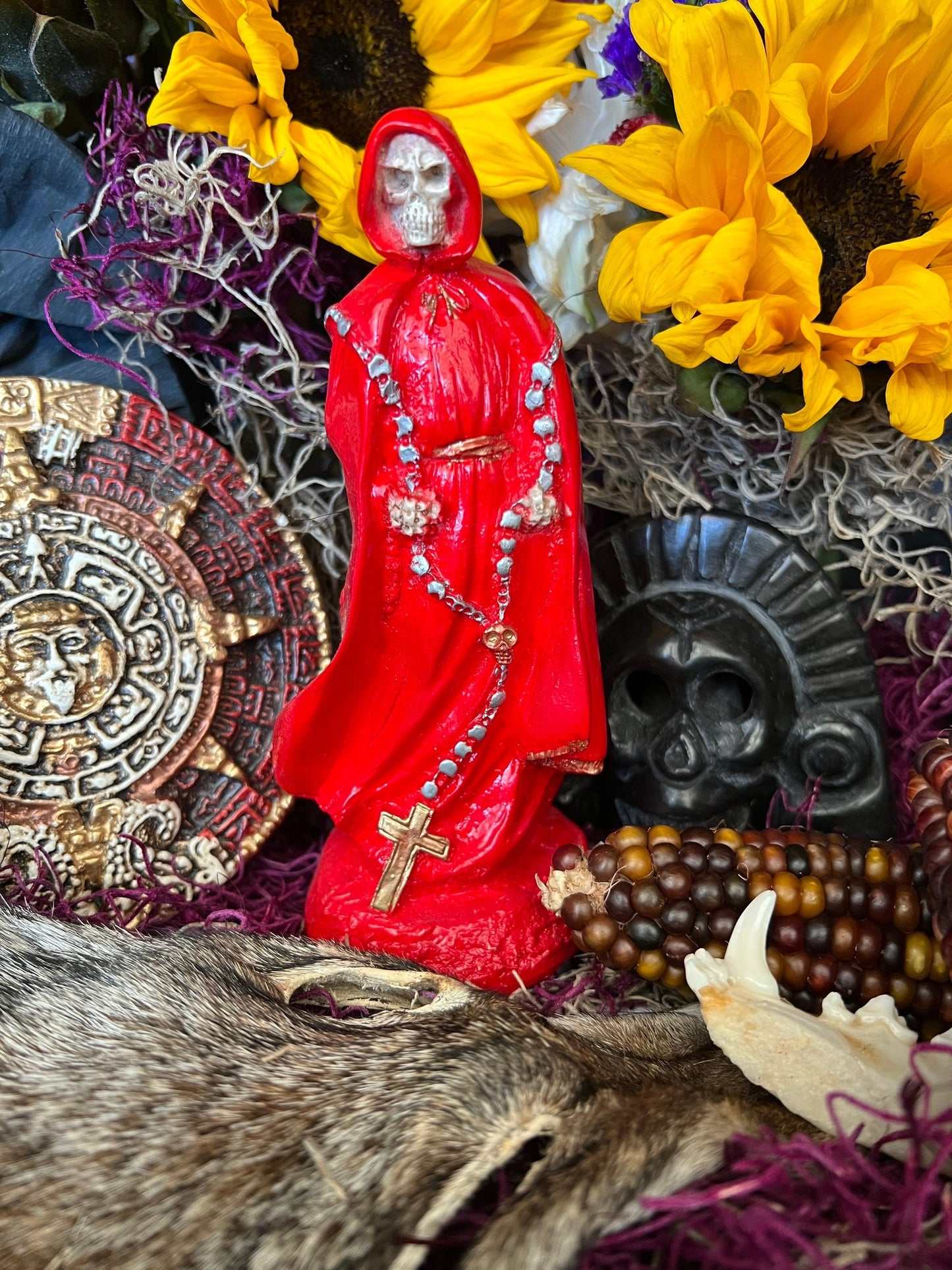 Santa Muerte Roja Rosary Statue + Baptized + Fixed + Made in Mexico + Rosario