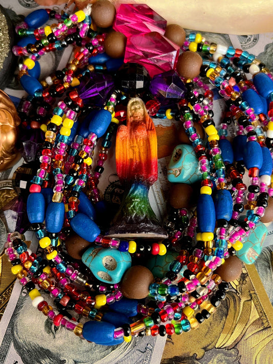 LAST ONE Santa Muerte Siete Colores Beaded Necklace + 4 Hilos + Protection + Made in Mexico