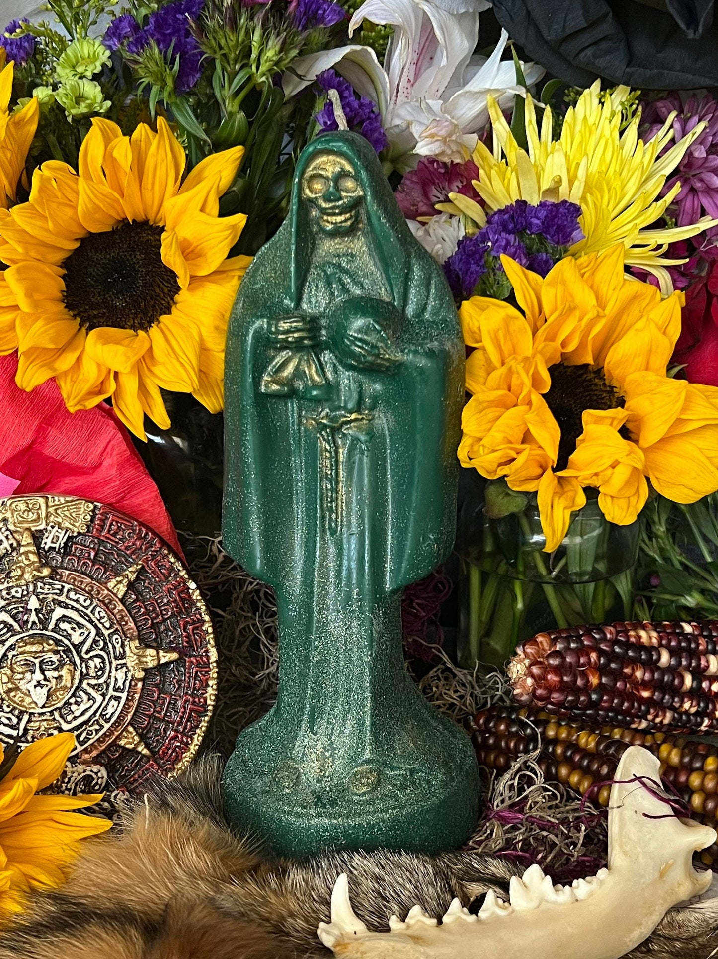 Bougie Santa Muerte Verde + Bienheureux + Or 24 carats + Vert + Argent