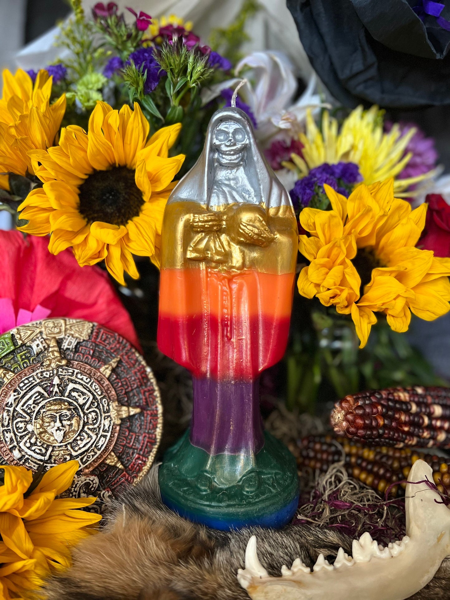 Painted La Santa Muerte Siete Colores Candle + Blessed + 24K Gold + Sterling Silver