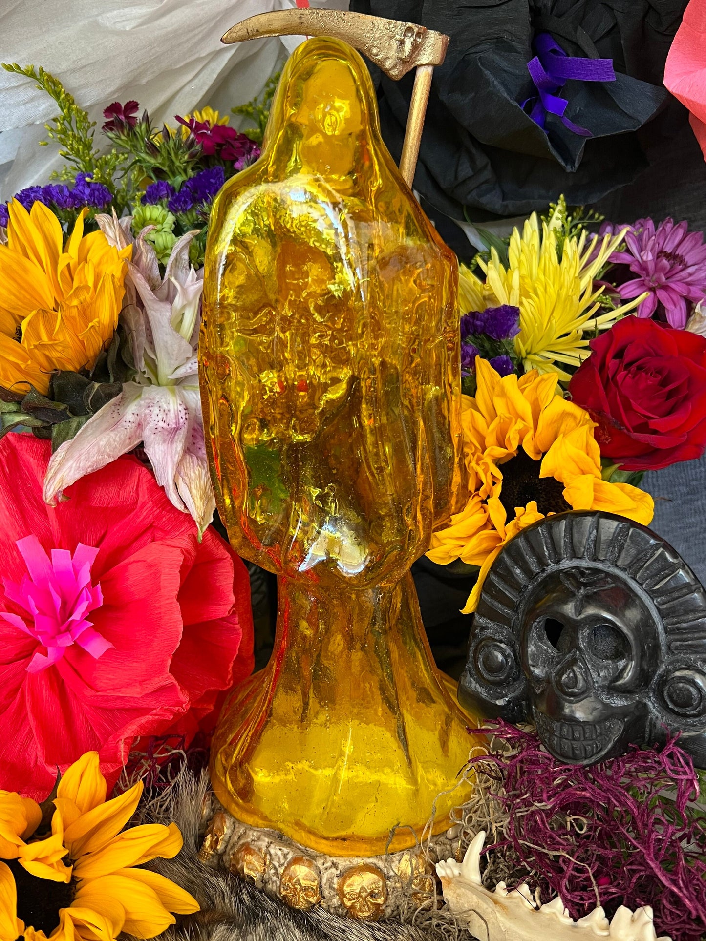 Santa Muerte Yellow Statue + 24K Gold + Amarilla + Baptized + Transparent + Fixed + Made in Mexico