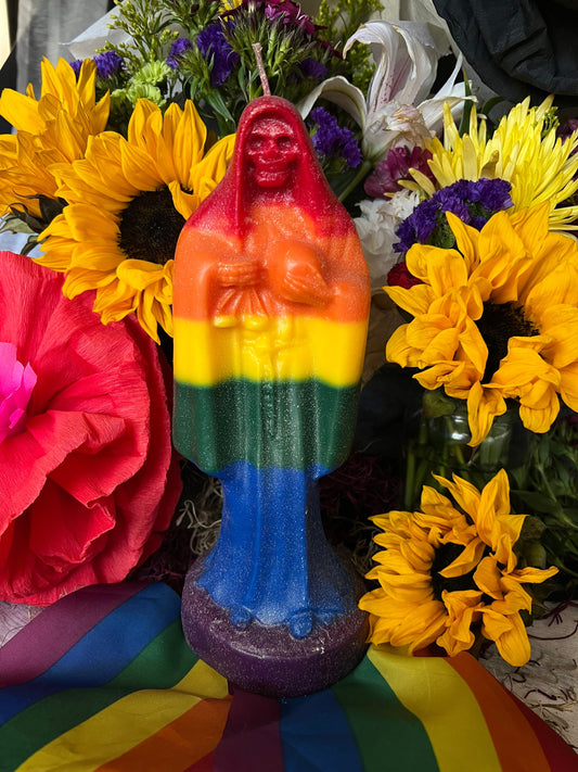 Vela Arcoiris Santa Muerte + LGBTQI + Abridor de Caminos + Bendito + Oro 24K