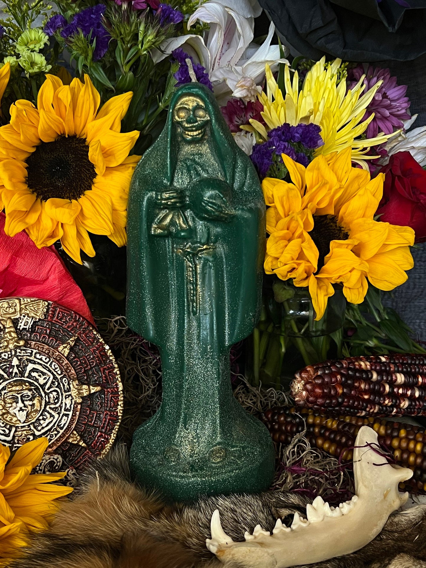 Bougie Santa Muerte Verde + Bienheureux + Or 24 carats + Vert + Argent