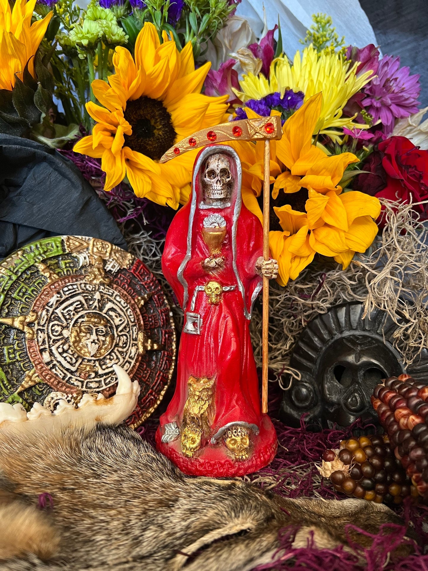 Santa Muerte Roja Statue + 24K Gold + Chalice + Baptized + Sterling Silver + Fixed + Made in Mexico