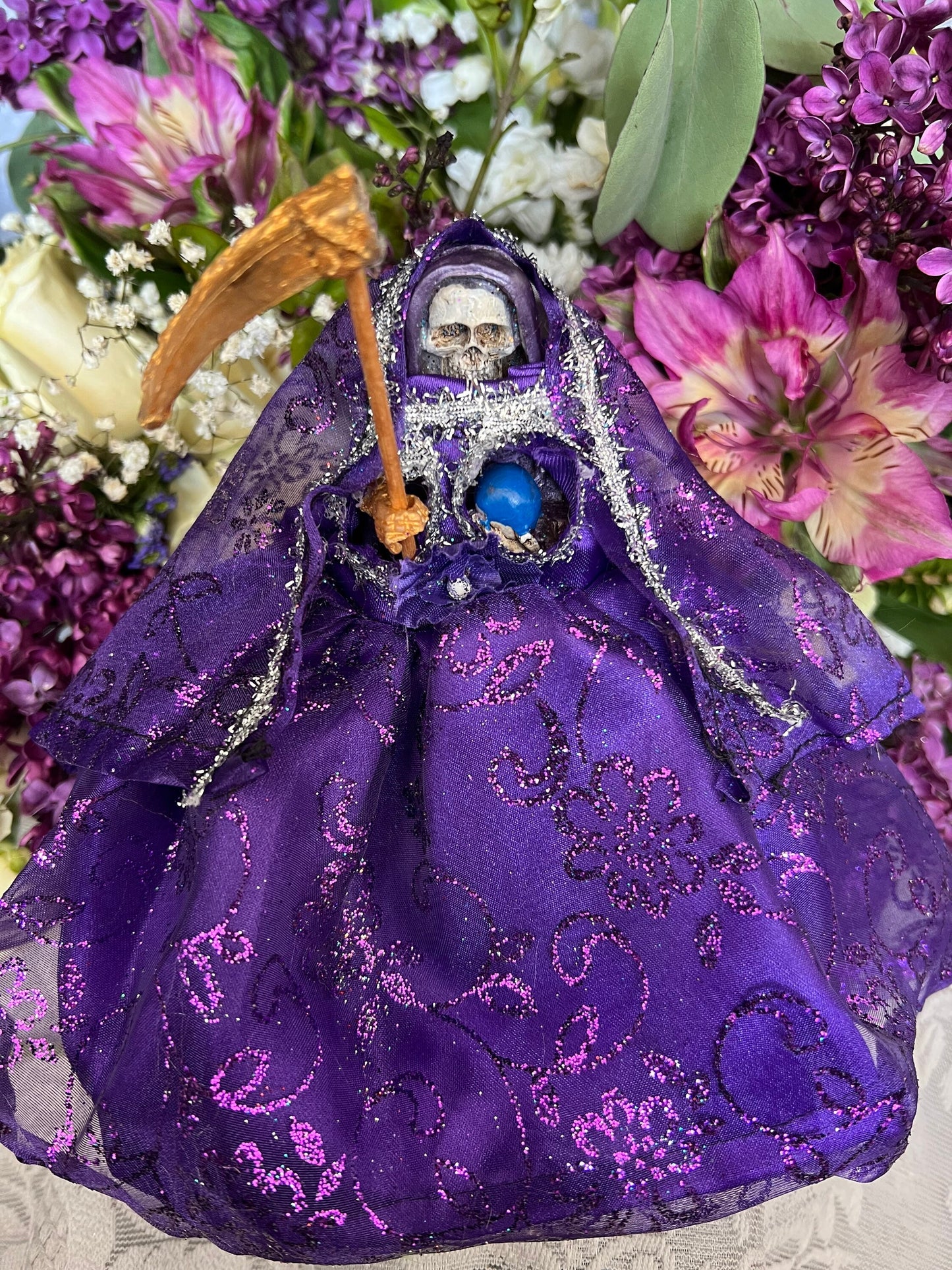 Santa Muerte Morada / Purple Statue with Dress + Baptized + Fixed + Made in Mexico + Psychic + Healing + Spirituality + 24K Gold Leaf