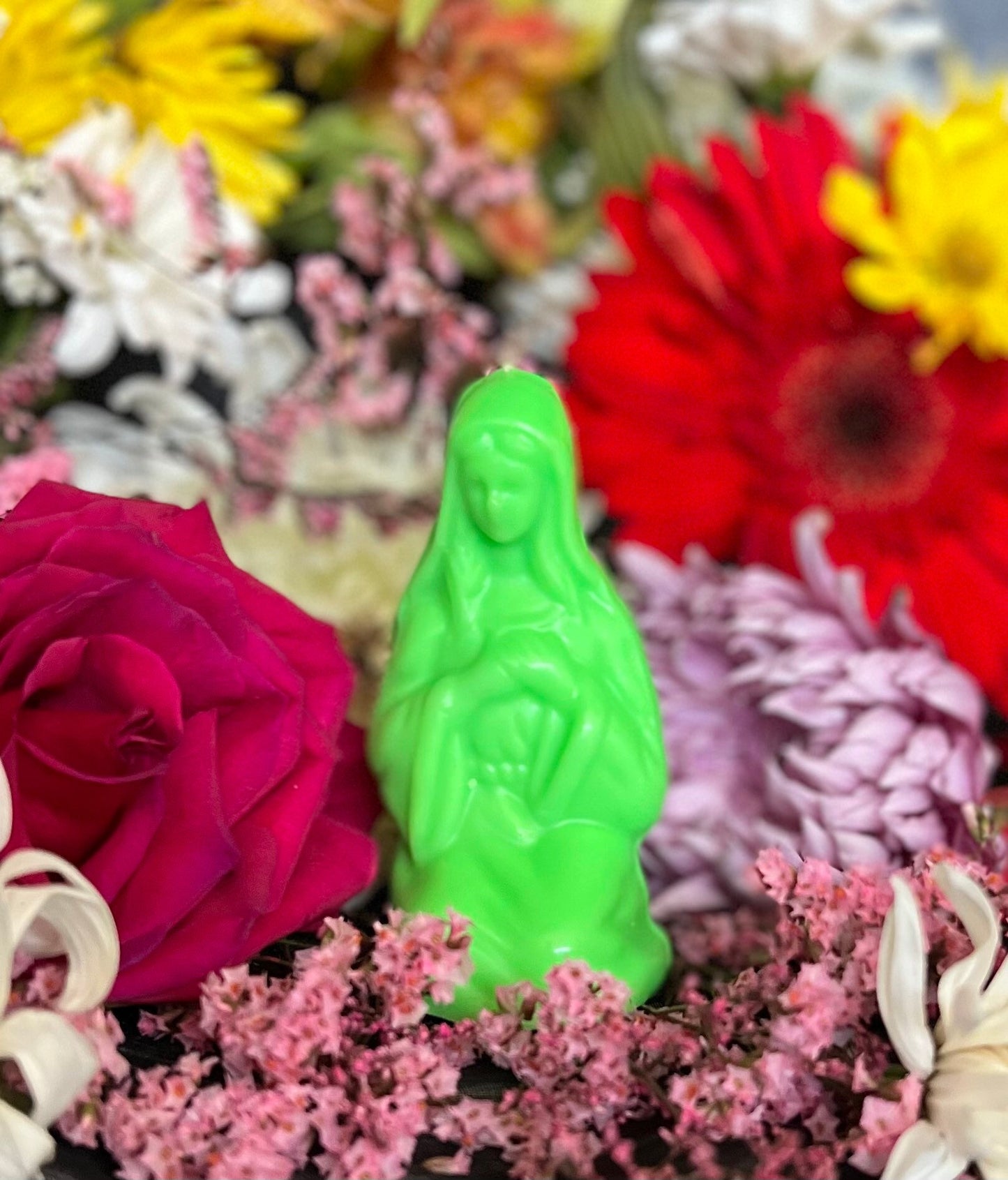 4” Neon Praying Mary Candle + Blessings + Spirituality + Glows under Blacklight