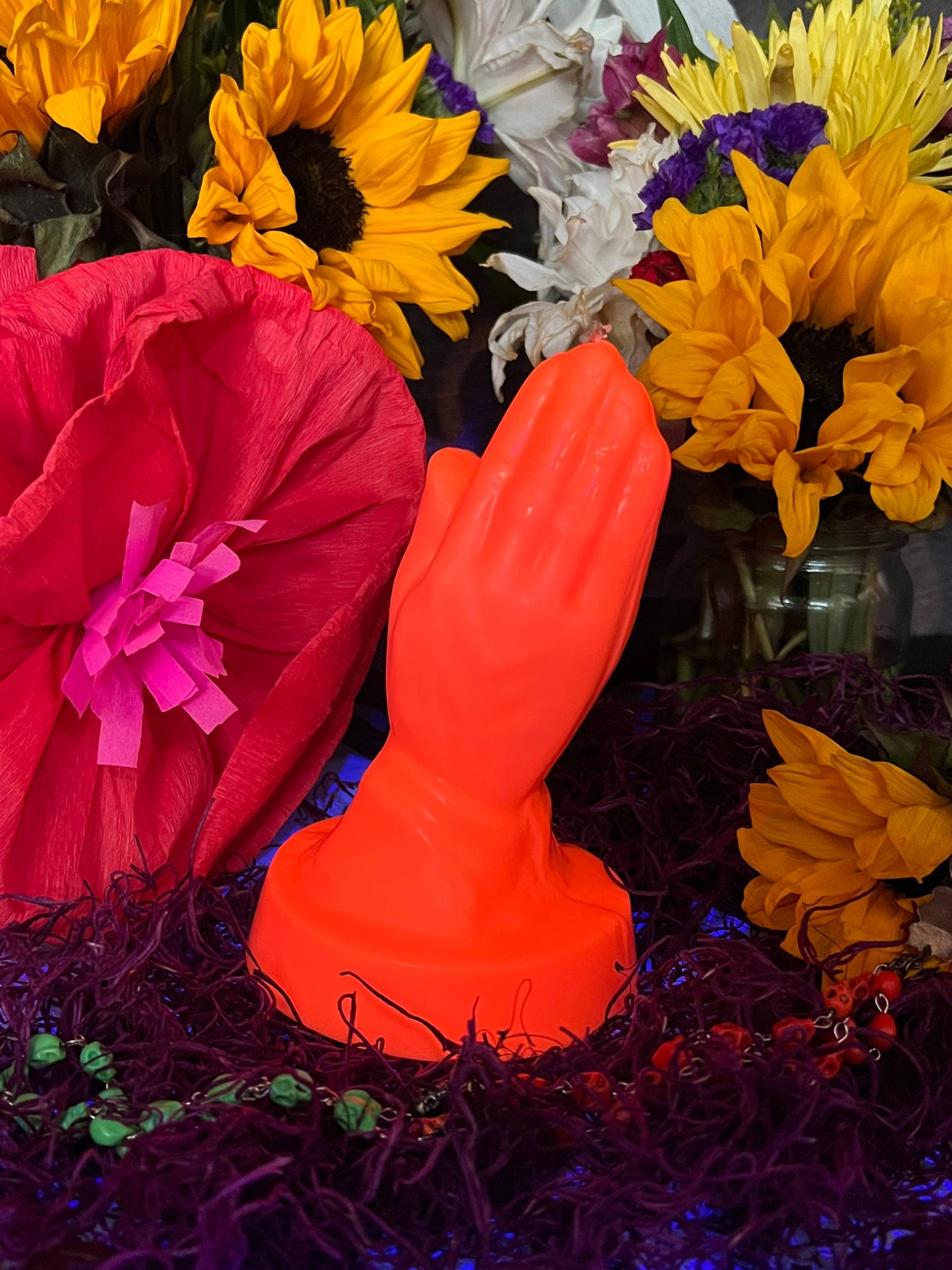 Large Neon Praying Hands Candle + Glows under Blacklight