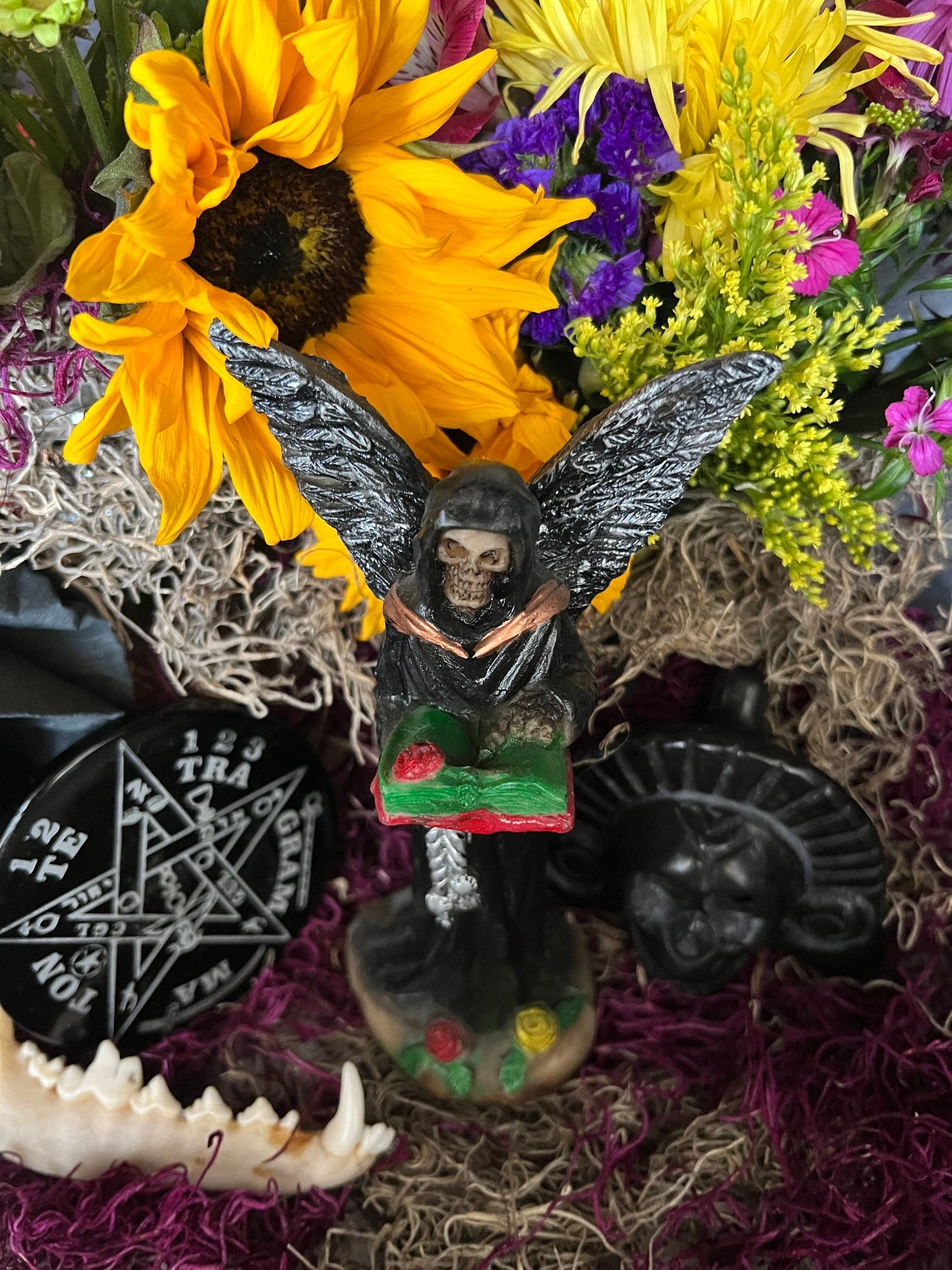 Santa Muerte Negra with Silver Wings Statue + Baptized + Fixed + Made in Mexico