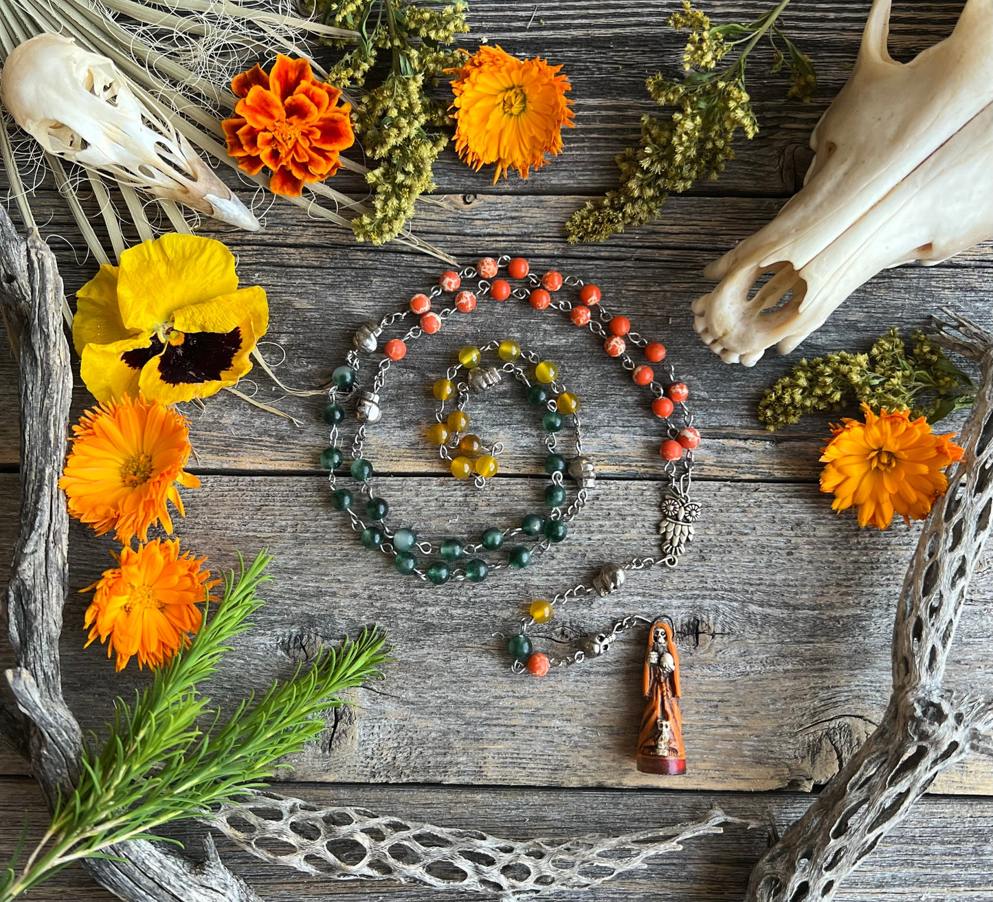 Chapelet Santa Muerte Abre Camino + Agate Orange + Bienheureux + Chaîne Plaquée Argent Sterling + Rosario + Pierre Précieuse