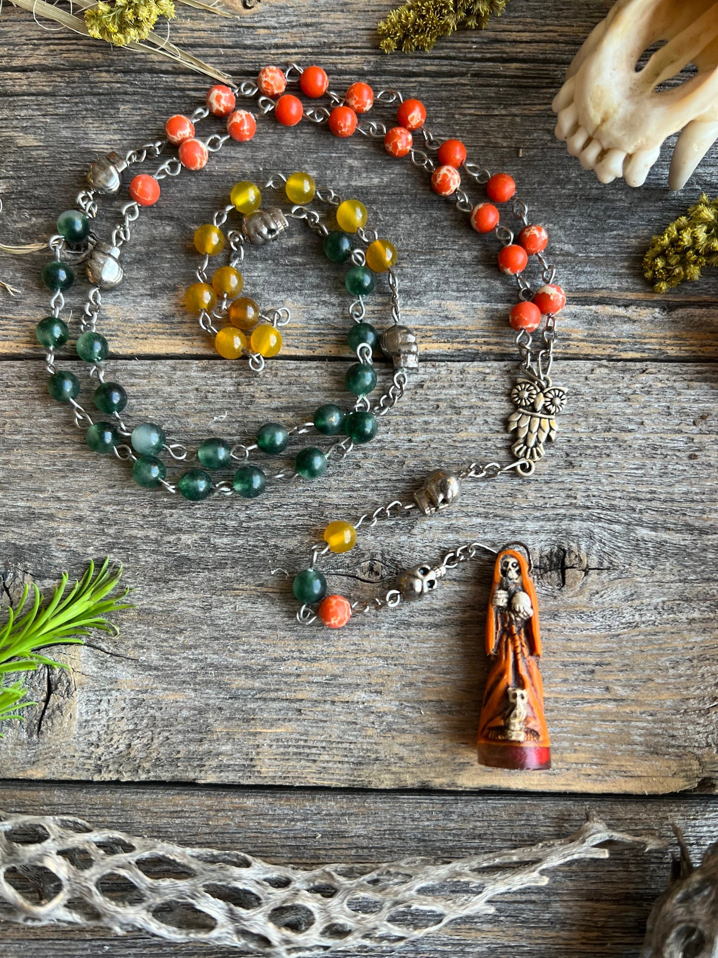 Santa Muerte Abre Camino Rosary + Orange Agate + Blessed + Sterling Silver Plated Chain + Rosario + Gemstone