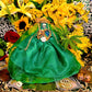 Santa Muerte Verde / Green Statue with Dress + Baptized + Fixed + Made in Mexico + 24K Gold Leaf on Scythe
