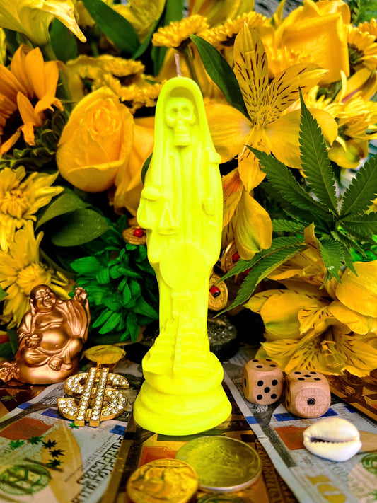 Neon Santa Muerte Amarilla Figure Candle + Yellow + Abundance + Health