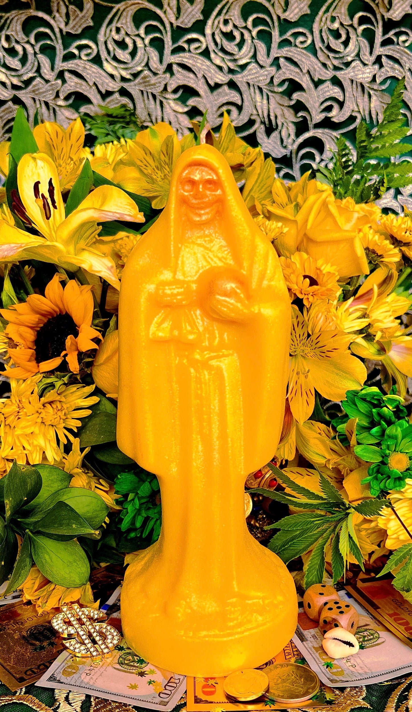 Santa Muerte Amarilla Figure Candle + Yellow + Abundance + Health + 24K Gold