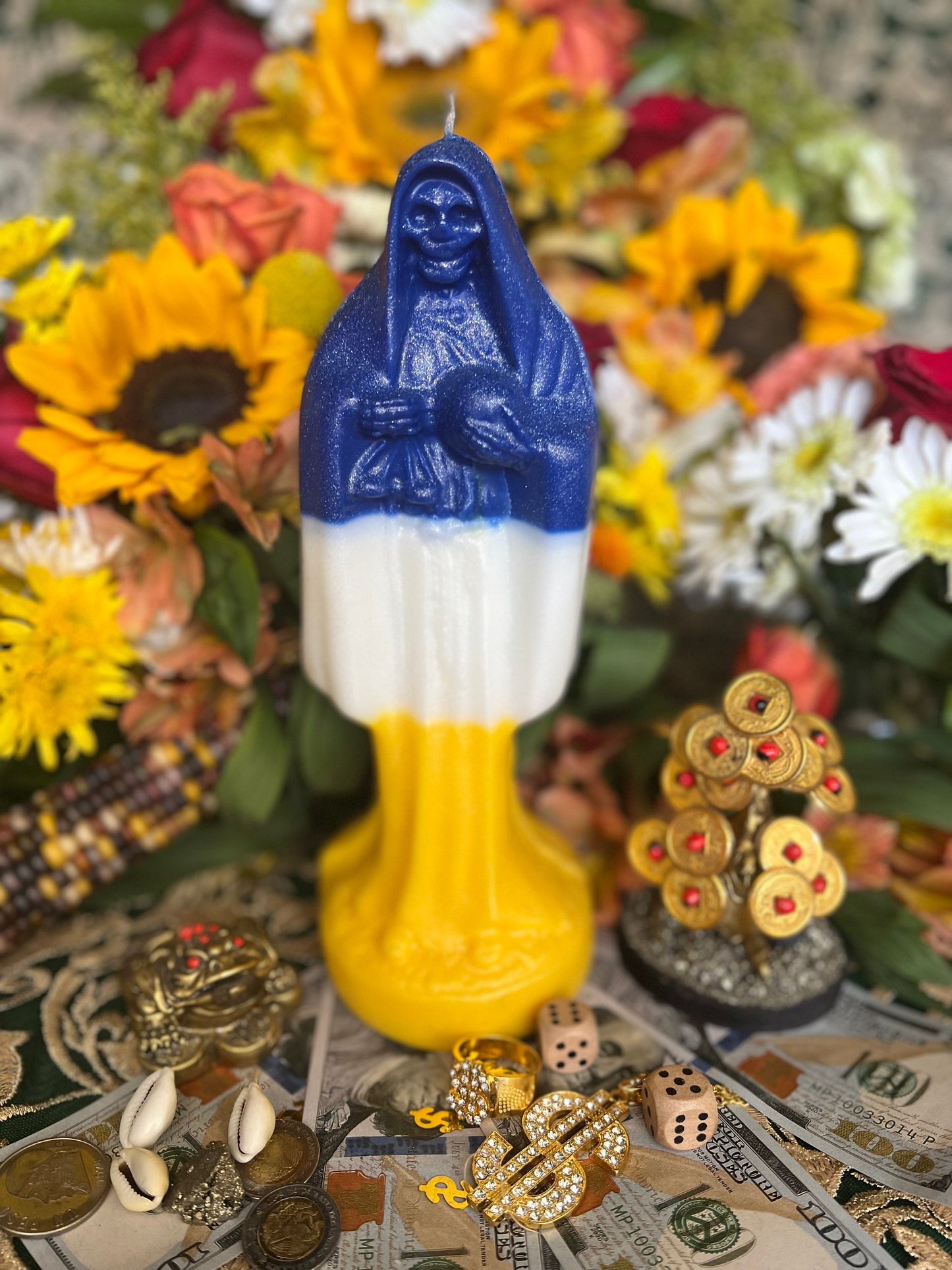 Bougie Santa Muerte Abre Camino + Couleurs mexicaines traditionnelles