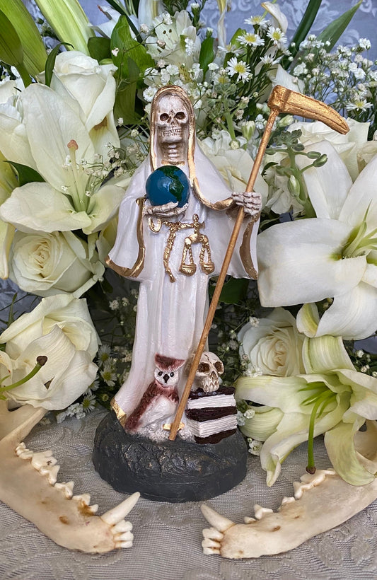 Santa Muerte Blanca Libros Statue + 24K Gold + Baptized + Fixed + Made in Mexico