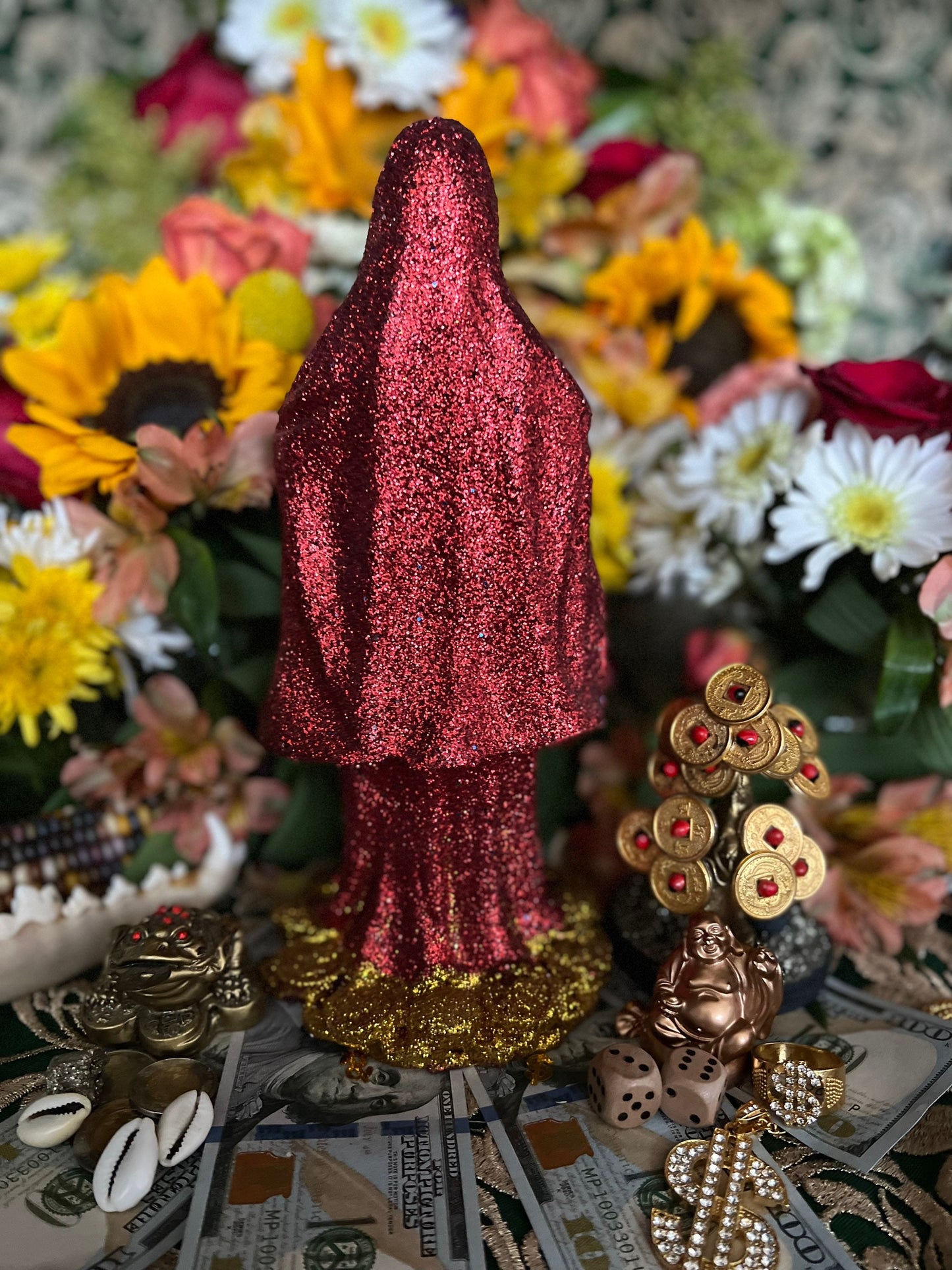 Bougie figure Santa Muerte Roja + Or 24 carats + Baptisé + Bienheureux + Fixé