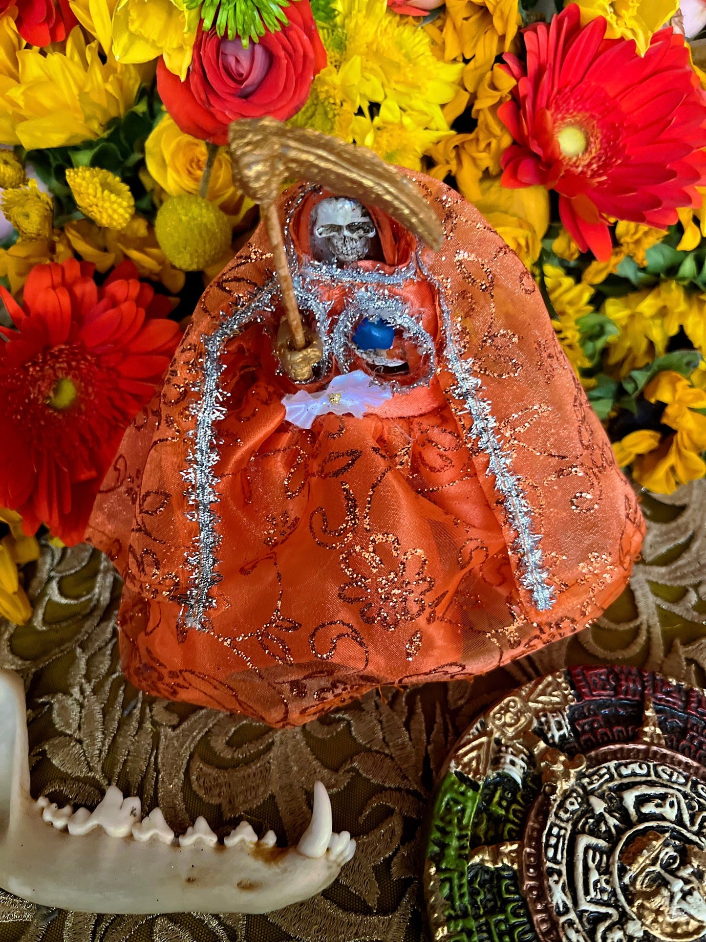 La Santa Muerte Naranja / Orange Statue with Dress + Baptized + Fixed + Made in Mexico
