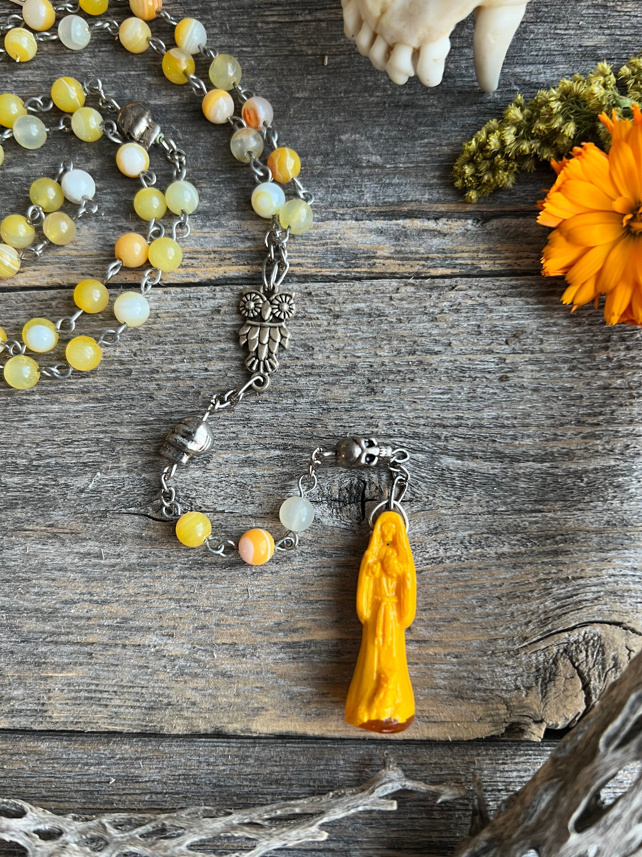 Santa Muerte Amarilla Rosary + Yellow Agate + Blessed + Handcrafted + Gemstone + Sterling Silver Plated Chain + online Rosario