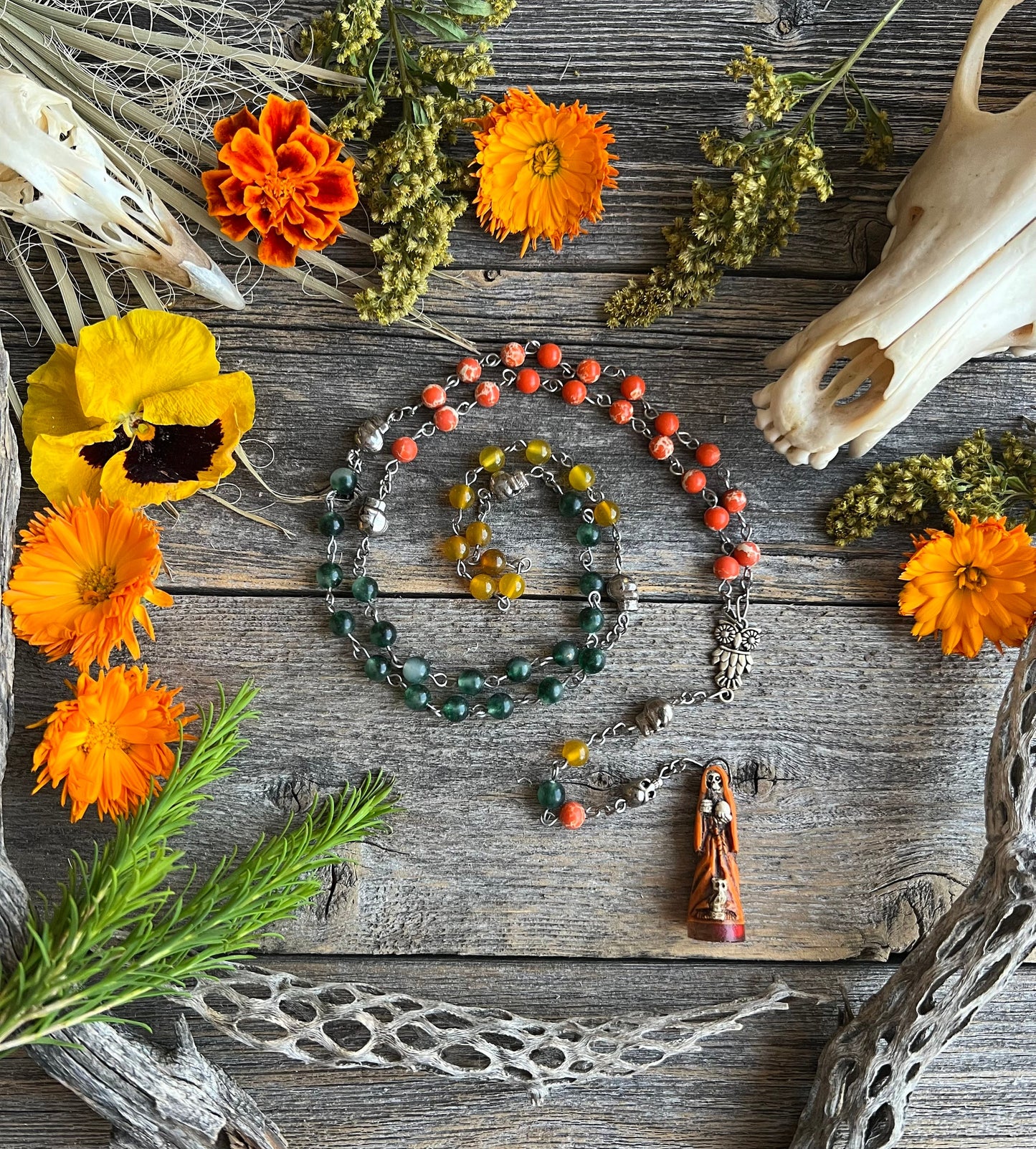 Chapelet Santa Muerte Abre Camino + Agate Orange + Bienheureux + Chaîne Plaquée Argent Sterling + Rosario + Pierre Précieuse