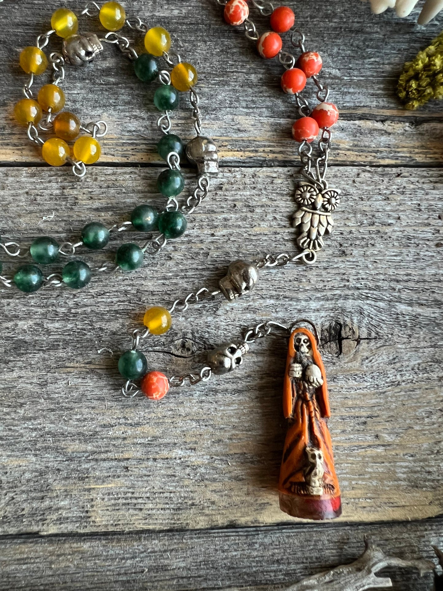 Chapelet Santa Muerte Abre Camino + Agate Orange + Bienheureux + Chaîne Plaquée Argent Sterling + Rosario + Pierre Précieuse