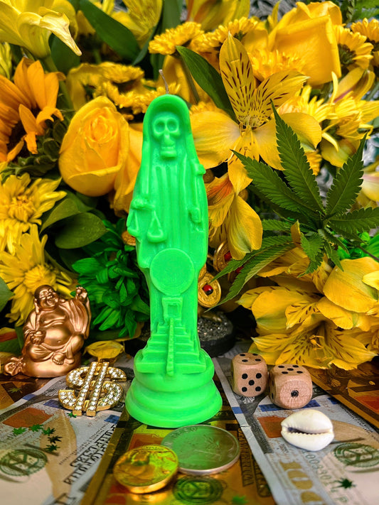 Neon Santa Muerte Verde Figure Candle + Green + Money + Justice