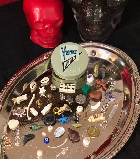 Vintage Vertex Travel Size Tinned Bone, Shell, and Trinket Divination Collection (53 Pieces)