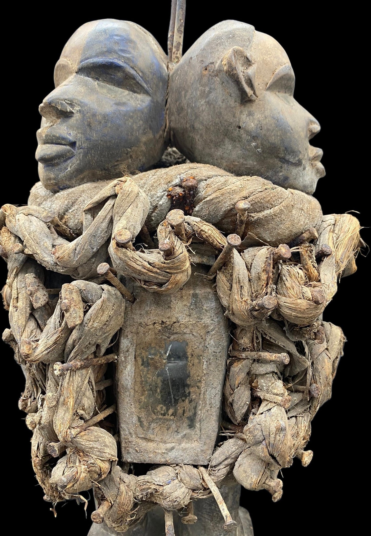 Last One! Large Nkisi Two-Headed Statue with Glass + Nkondi + Shigidi + Fetish from Kongo for Protection + One of a Kind