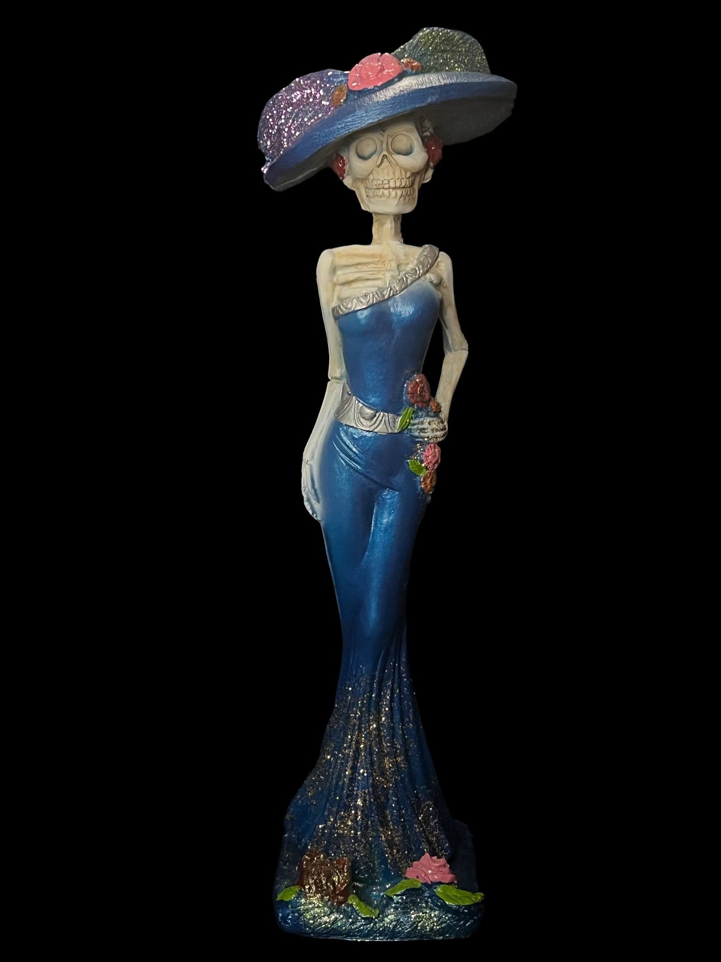 Vintage La Catrina / Santa Muerte Azul Statue + 14” + 24K Gold