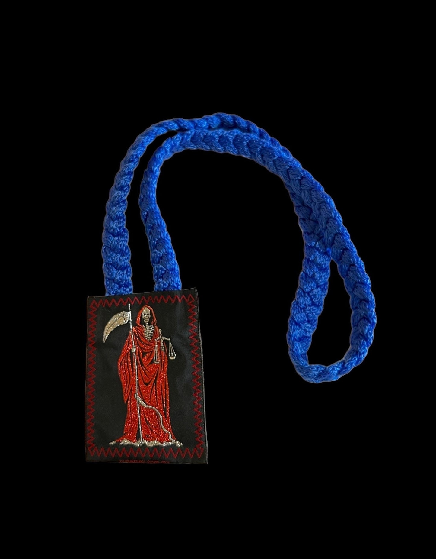 Santa Muerte Escapulario + Blue Rope + Reversible + Protection + Made in Mexico