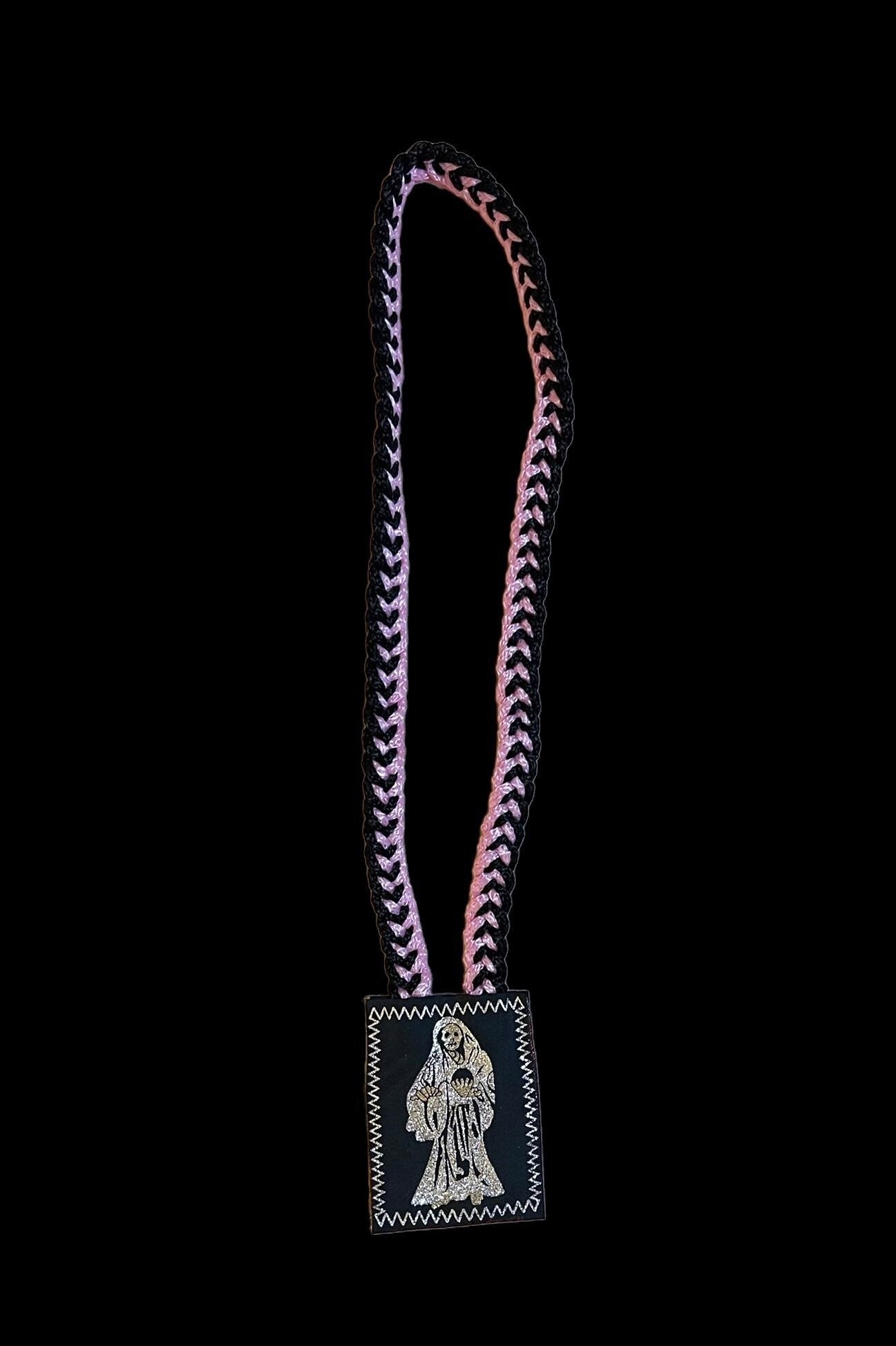 Santa Muerte Escapulario + Pink & Black Rope + Protection + Made in Mexico
