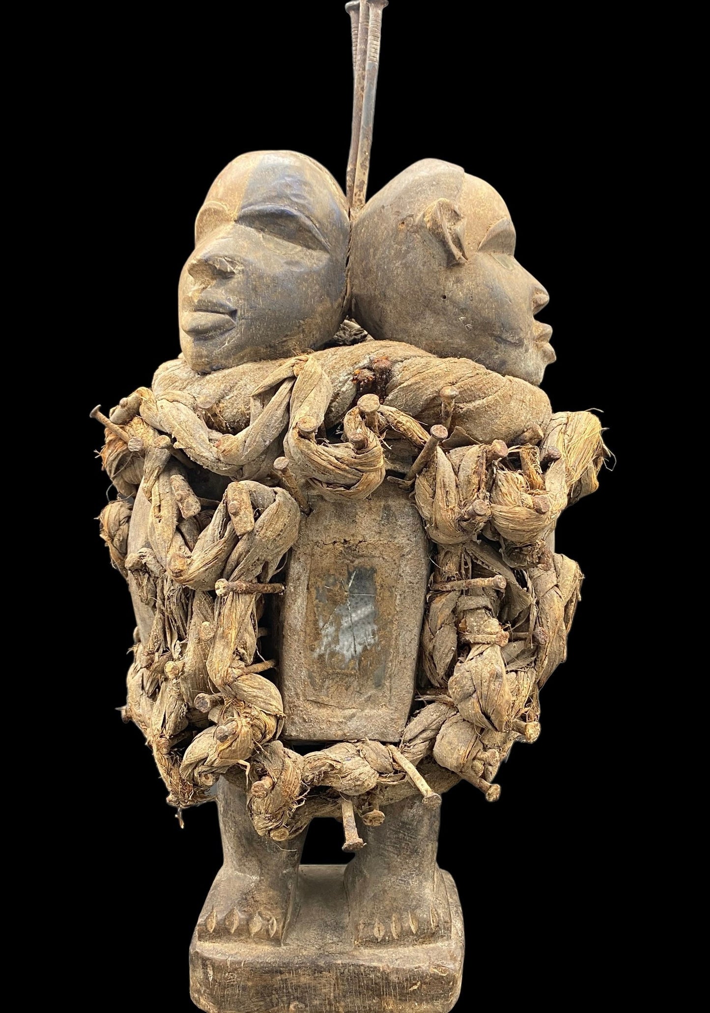 Last One! Large Nkisi Two-Headed Statue with Glass + Nkondi + Shigidi + Fetish from Kongo for Protection + One of a Kind