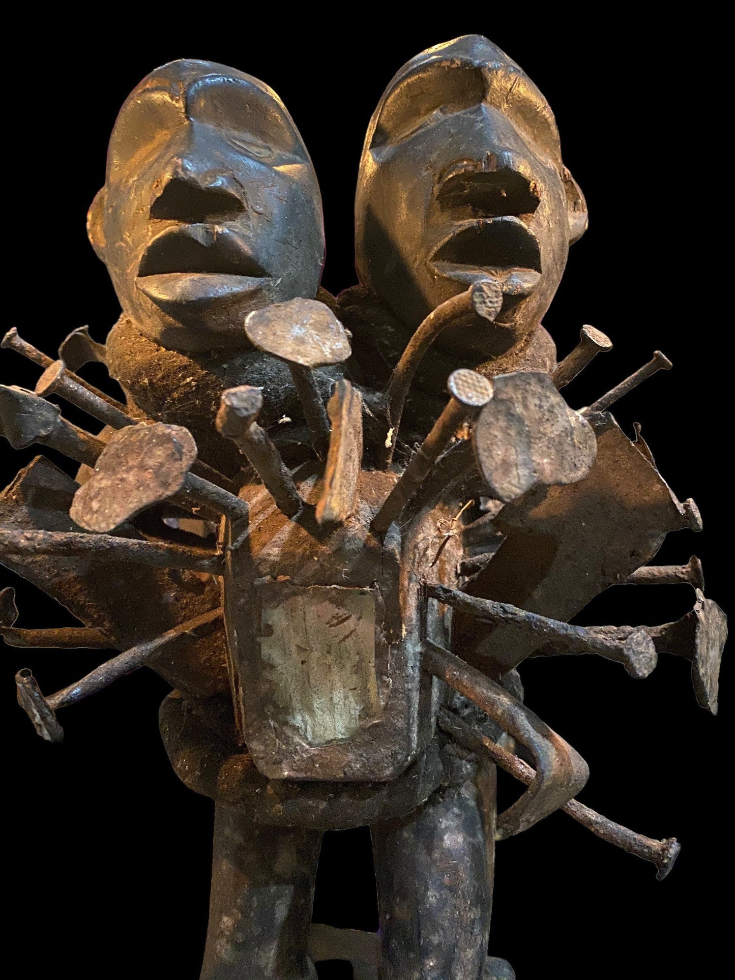 Nkisi Two-Headed with Glass Statue + Fetish from Kongo for Protection + Shigidi + One of a Kind