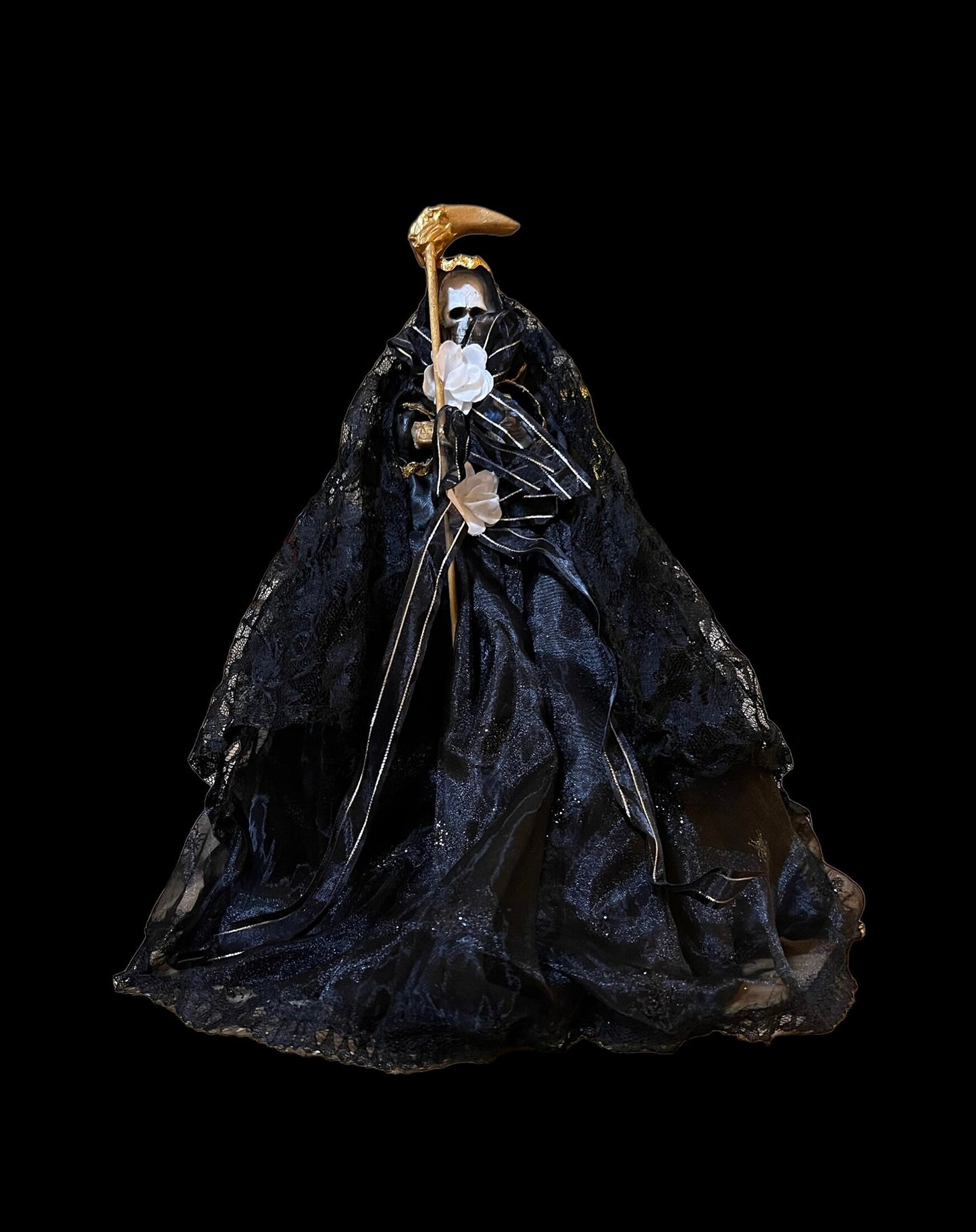 12” Santa Muerte Negra Statue with Dress + Baptized + Fixed + Made in Mexico + 24K Gold Leaf on Scythe