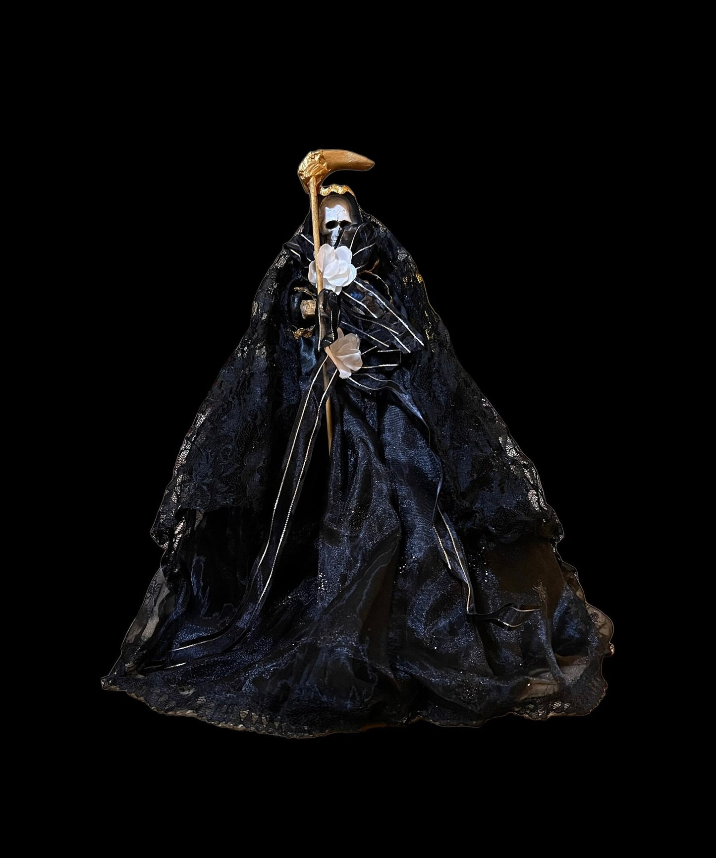 12” Santa Muerte Negra Statue with Dress + Baptized + Fixed + Made in Mexico + 24K Gold Leaf on Scythe